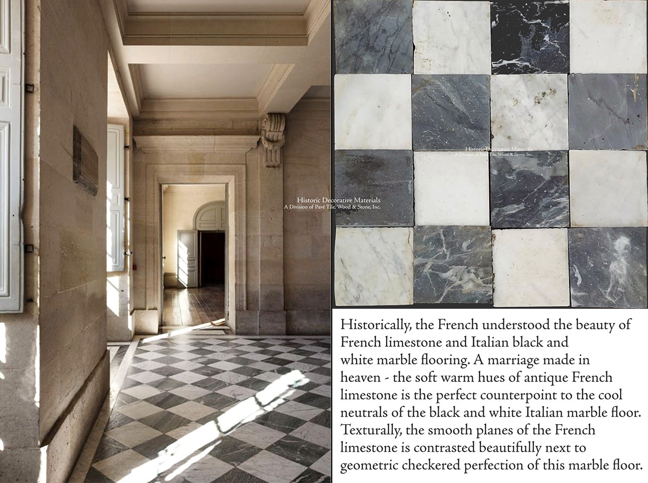 Antique Black and White Nero & Bianco Carrara Marble Checkered Stone Floors  - Historic Decorative Materials, a division of Pavé Tile, Wood & Stone, Inc.