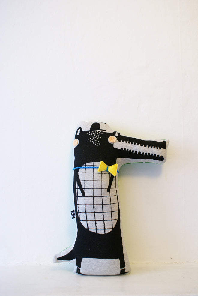 Peter Pocosticks soft toy crocodile by Corby Tindersticks, published by Bobby Rabbit