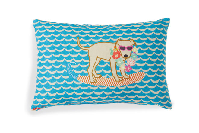 'Hawaiian dog' cushion by Mimi Lou and available from Deco Baby, published by Bobby Rabbit