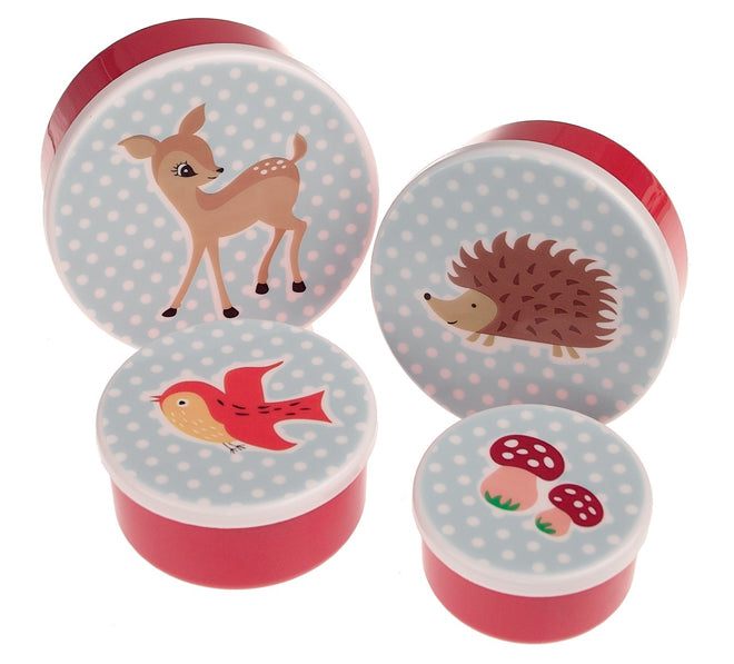 tableware, table accessories, snack pots, lunch boxes, children's snack pots, children's lunch boxes, Woodland snack pots, Dotcomgiftshop, published by Bobby Rabbit