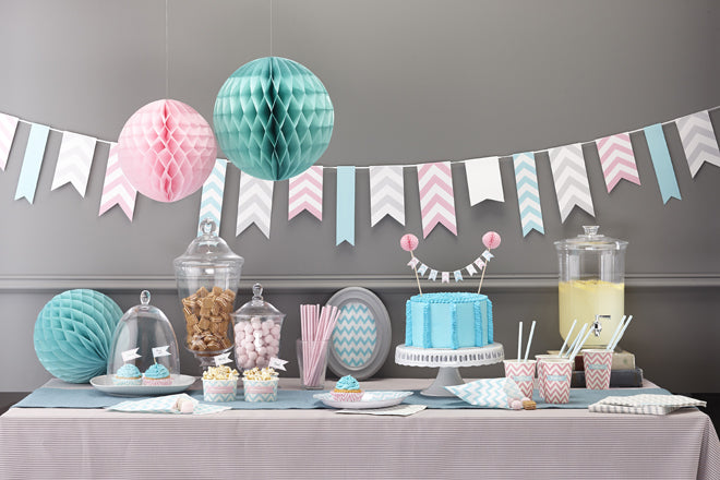 'Chevron Divine' party collection by Ginger Ray, including plates, cups, napkins, cake accessories and decorations, perfect for children's parties, published by Bobby Rabbit