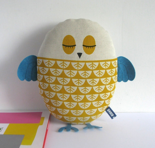 Soft toy owl cushion, designed and made in the UK by Robin & Mould and available from Little Baby Company, published by Bobby Rabbit