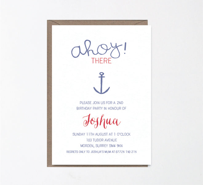 'Ahoy There' children's personalised party invitation by Lola's Paperie, published by Bobby Rabbit