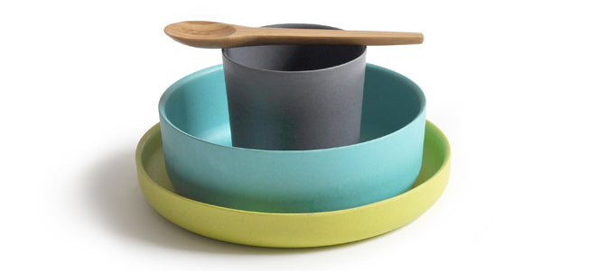 Biobu eco-friendly kids tableware set, made from natural bamboo, available from Molly-Meg and published by Bobby Rabbit