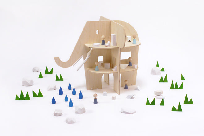 Rock and Pebble 'Ele Villa' wooden dolls house from Molly Meg, published by Bobby Rabbit