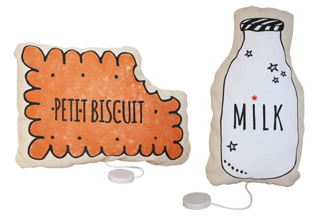 Annabel Kern 'Milk' and 'Petit Biscuit' musical soft toy, published by Bobby Rabbit