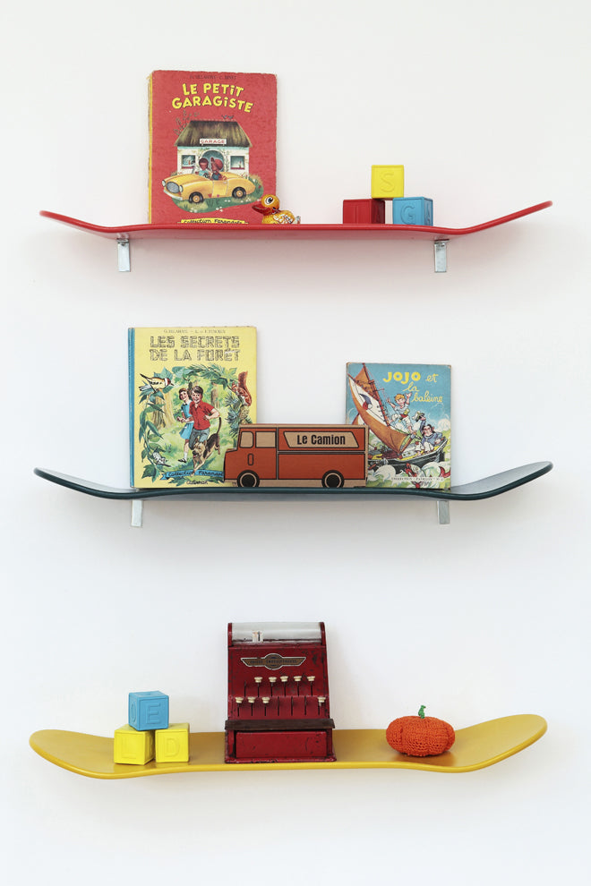 furniture, shelves, children's shelves, book shelves, skateboard shelves, coloured shelves, Lecons de Choses, Molly Meg, published by Bobby Rabbit
