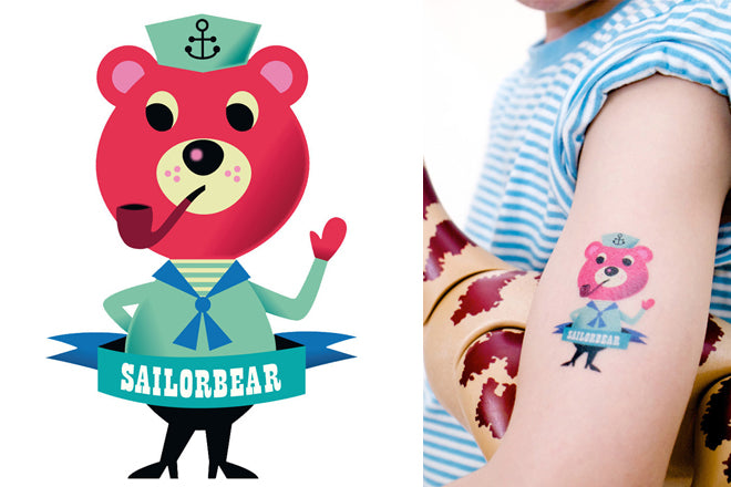 gifts, gifts under £5, temporary tattoos, children's tattoos, party bag fillers, Tattyoos, sailor bear tattoo, robot tattoo, party bunny tattoo, dinosaurs tattoo, The Kid Who, published by Bobby Rabbit