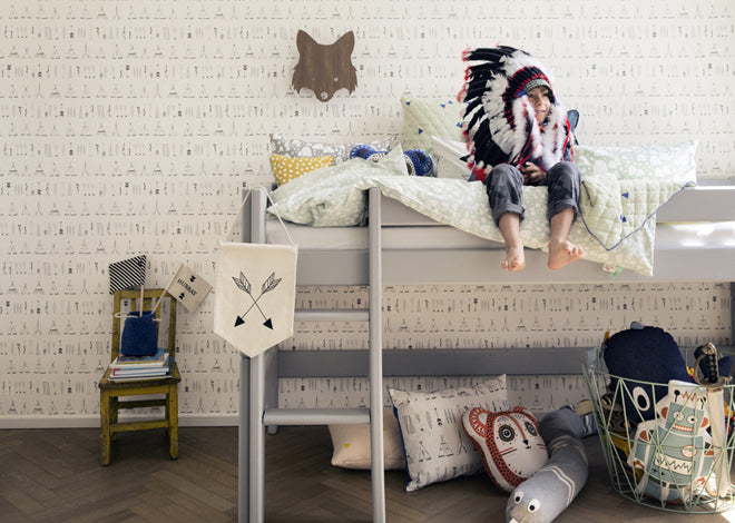 'Native' black and white teepee children's wallpaper by Ferm Living, published by Bobby Rabbit
