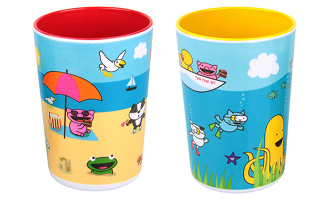 tableware, table accessories, children's beakers, trainee beakers, beach scene beakers, sea scene beakers, Tum Tum Tots, published by Bobby Rabbit