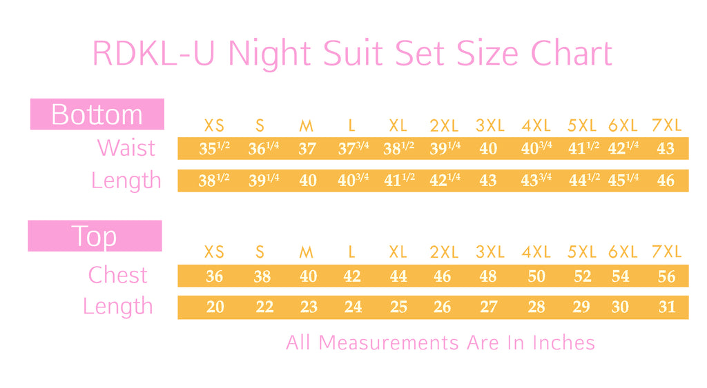 RDKLU Womens Night Suit Set Size Chart