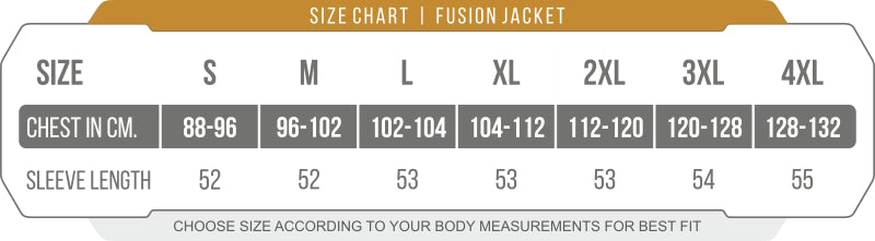 Size chart for Hillman® Fusion Hunting Jacket 3DX, sizes S to 4XL. Chest (cm): S (88-96), M (96-102), L (102-104), XL (104-112), 2XL (112-120), 3XL (120-128), 4XL (128-132). Sleeve: S–3XL (52–53 cm).
