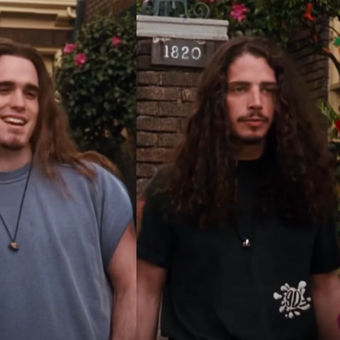 Chris Cornell in 90 The Original tee and the main character from the movie 'Singles' standing in front of the Coryell Court Apartments, a key location in the film.