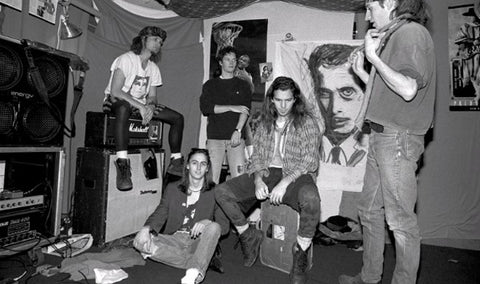 Pearl Jam practicing in the basement of Black Dog Forge, Seattle, where the band refined their sound in the early days of the grunge movement.