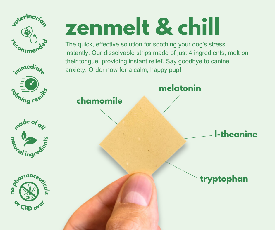 Advertisement graphic for 'zenmelt & chill' dog stress-relief strips highlighting natural ingredients like chamomile and melatonin.
