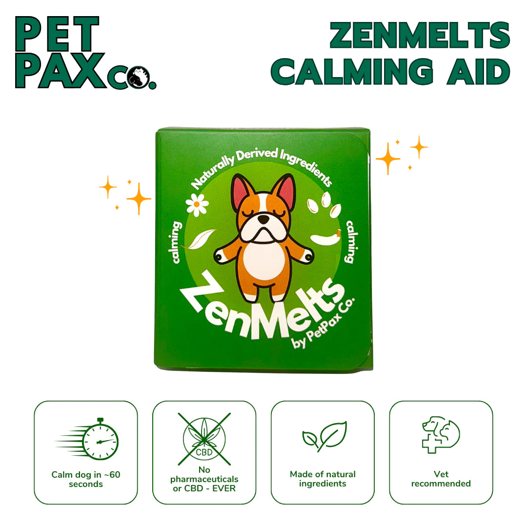 Advertisement for 'ZenMelts Calming Aid' for pets, highlighting natural ingredients and vet recommendation.