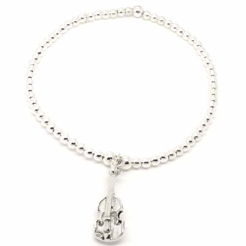 Silver violin charm on silver bead elastic bracelet