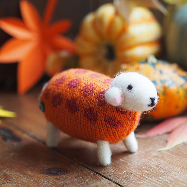 Pumpkin felted sheep in knitted jumper by Mary Kilvert