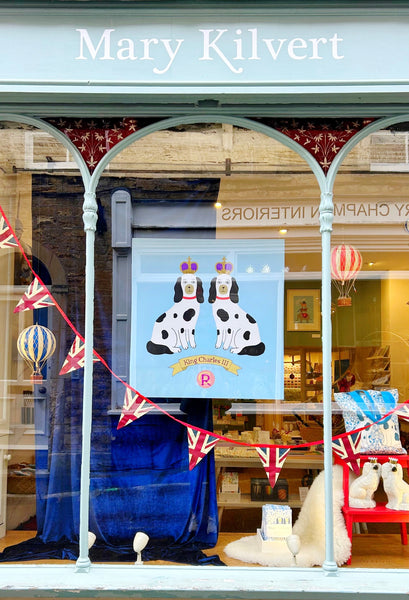 Window display at Mary Kilvert Shop & Studio in Frome for the coronation of King Charles III