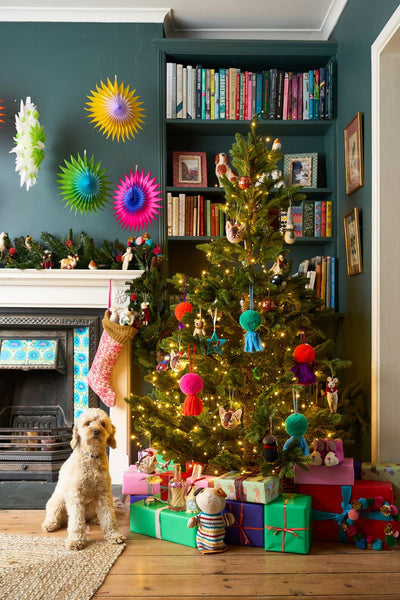Honey the Cavapoo standing next to a colourfully decorated Christmas tree