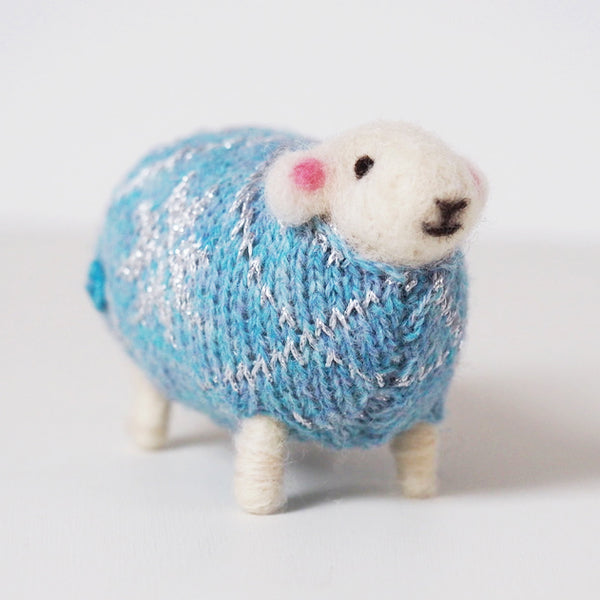 Snowflake hand felted sheep in a knitted jumper by Mary Kilvert