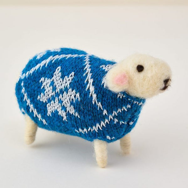 Snowflake hand felted sheep in a jumper by Mary Kilvert