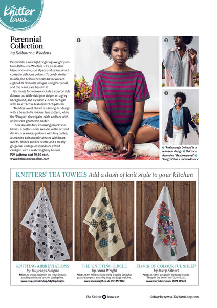 Mary Kilvert's Flock of Colourful Sheep Tea Towel featured in The Knitter magazine