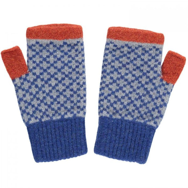 blue and orange cross wrist warmers by Catherine Tough