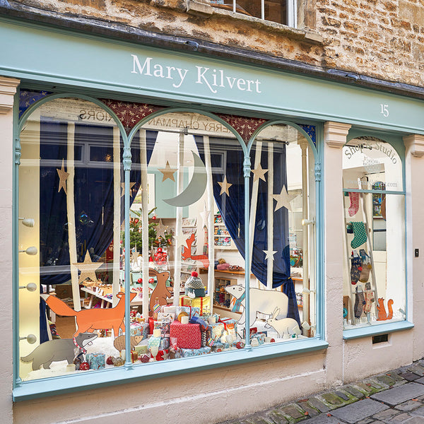 Winter Woodland Christmas Window Display at Mary Kilvert Shop & Studio, Frome, Somerset