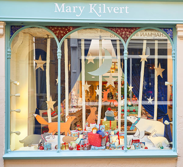Winter Woodland Christmas Window Display at Mary Kilvert Shop & Studio, Frome, Somerset