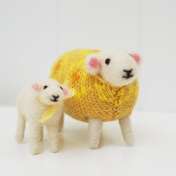 Daffodil Felted Sheep and Little Lamb by Mary Kilvert