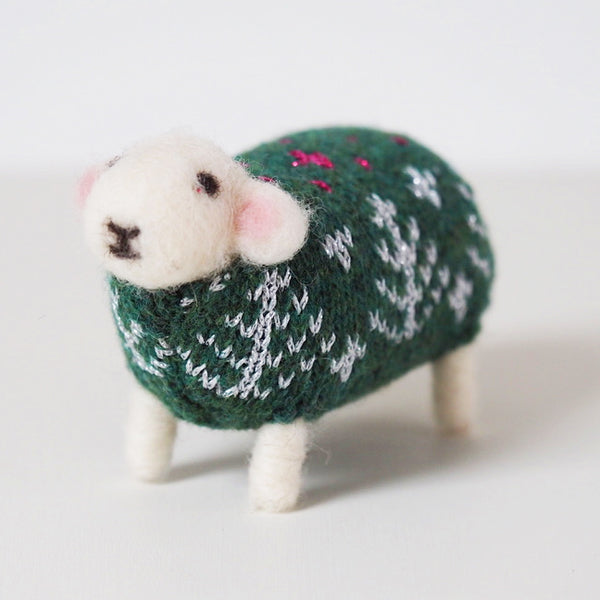 Emerald hand felted sheep in a knitted jumper by Mary Kilvert