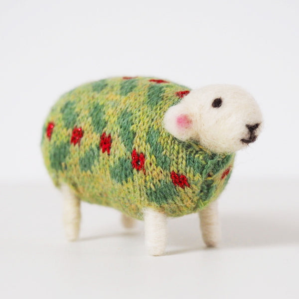 Holly felted sheep in a hand knitted jumper by Mary Kilvert