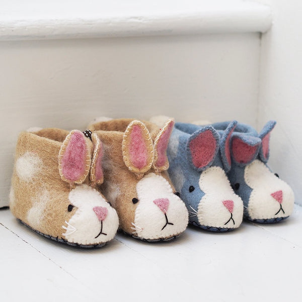 Natural and Blue Children's Felted Rabbit Slippers at Mary Kilvert