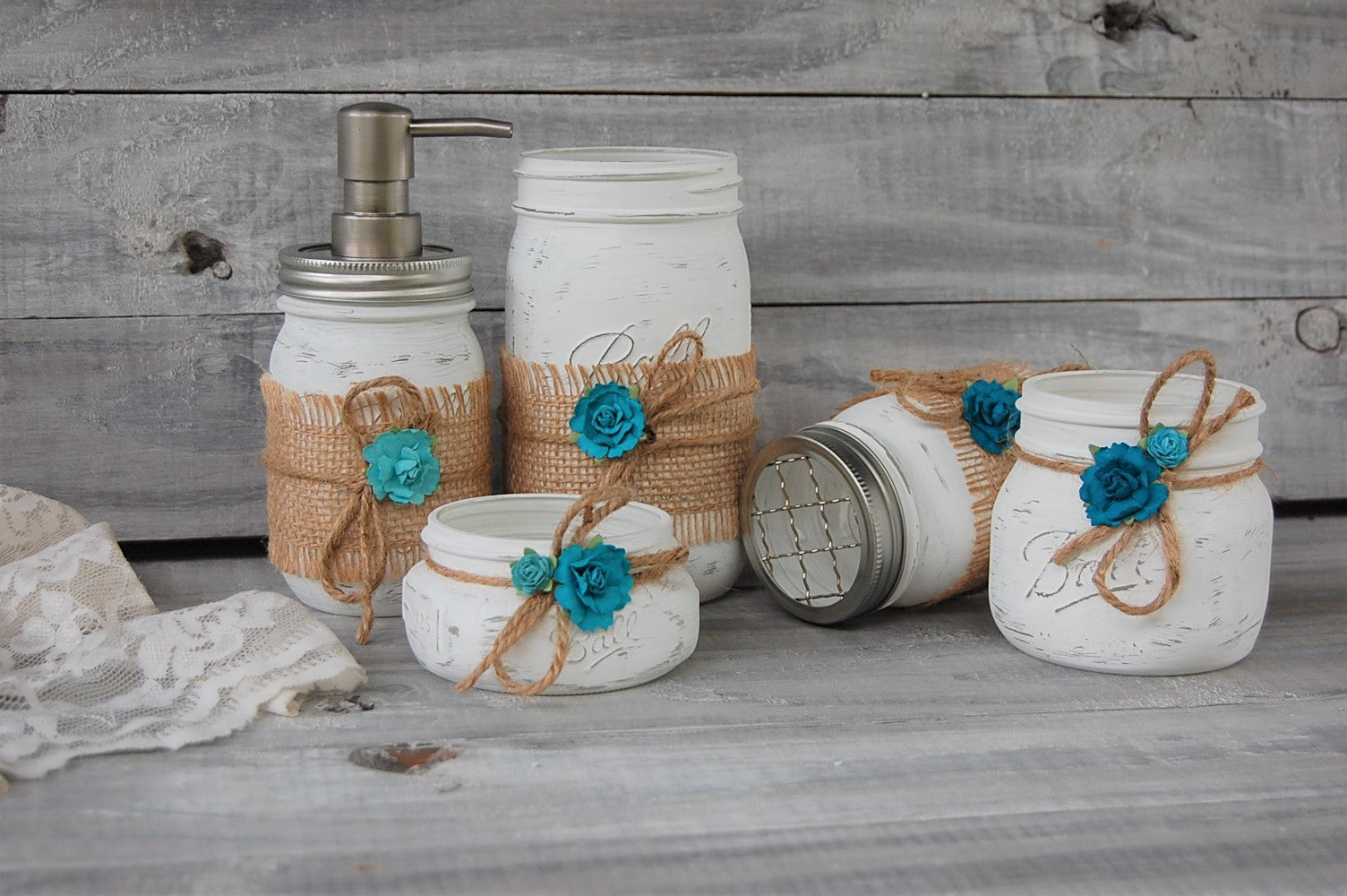 White Mason Jar Bathroom Set