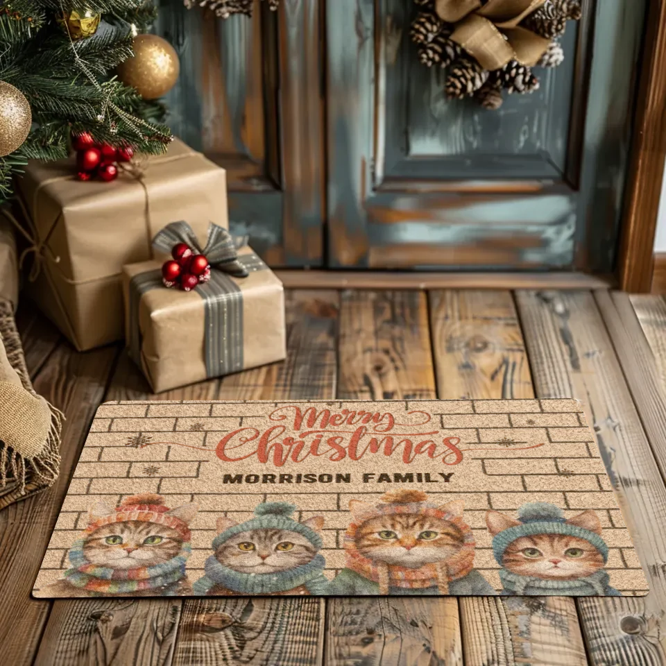 Merry Christmas With Cats - Custom Name - Doormat (24"x16'')