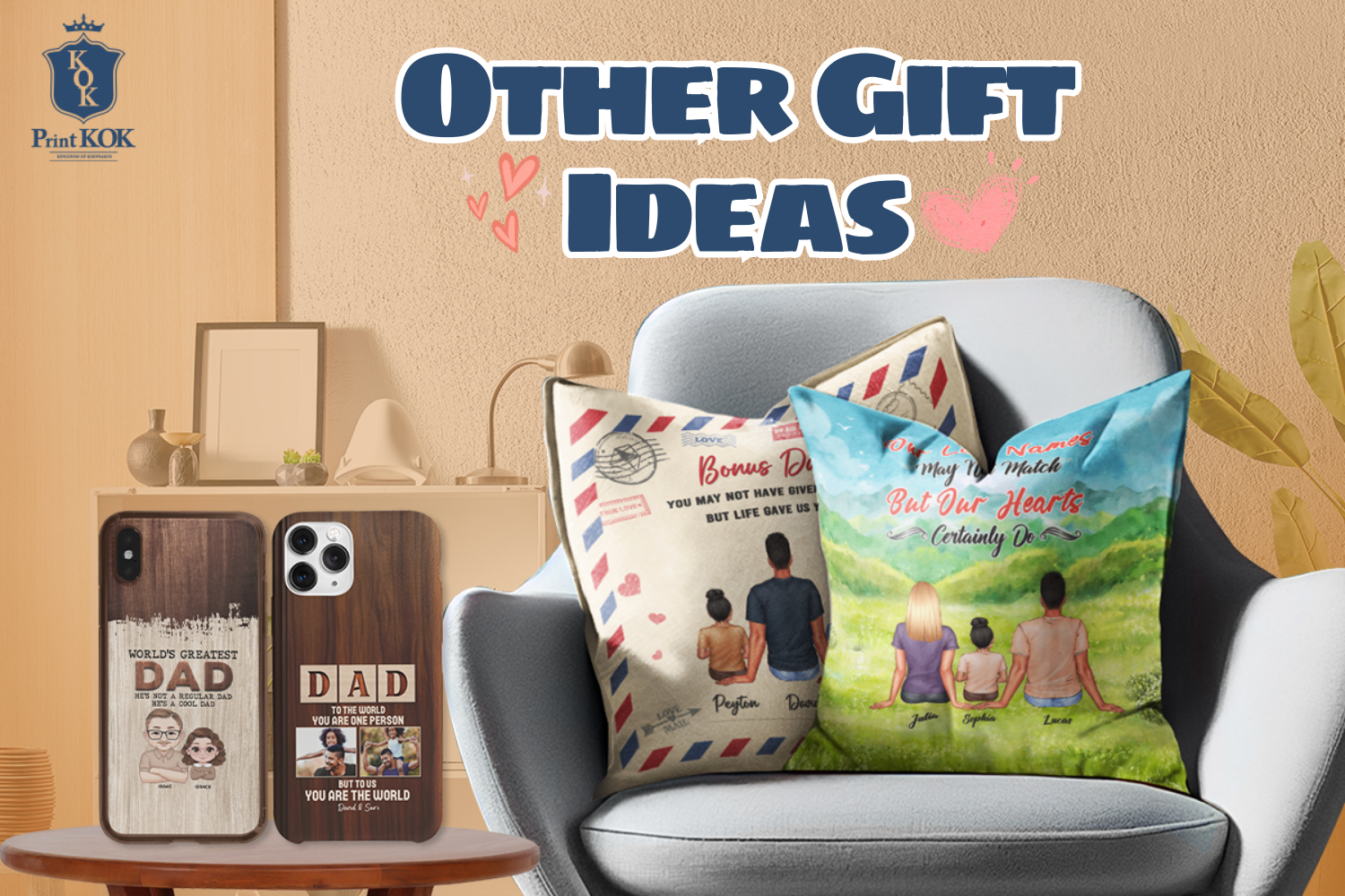 Assorted personalized gifts for Dad displayed in a stylish living room.