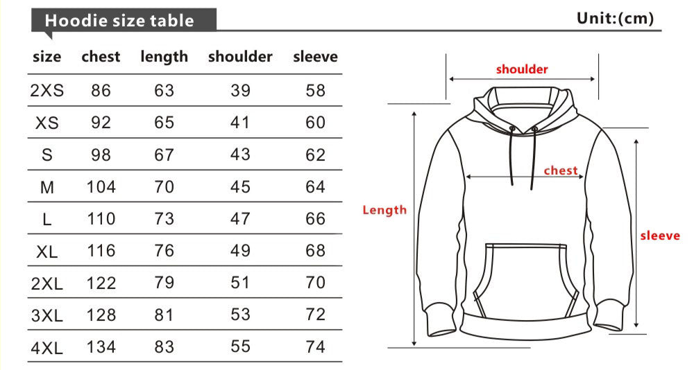 Hoodie Size Table