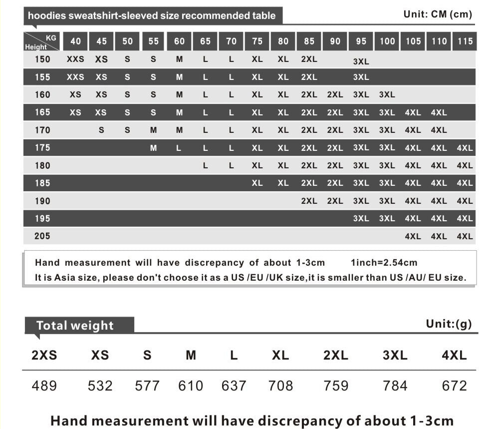 Hoodie Size Table