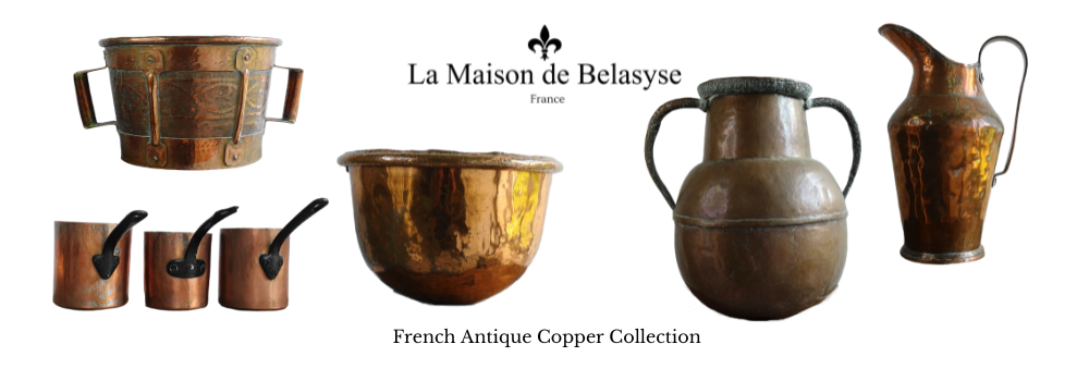 Antique French copper collection: cauldrons, pots, pans, pitchers and ferrats.