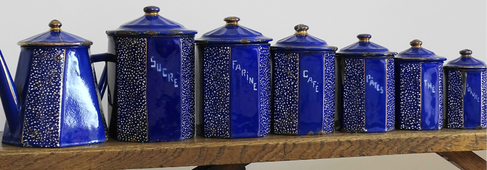 Vintage French blue enamel kitchen storage cannisters