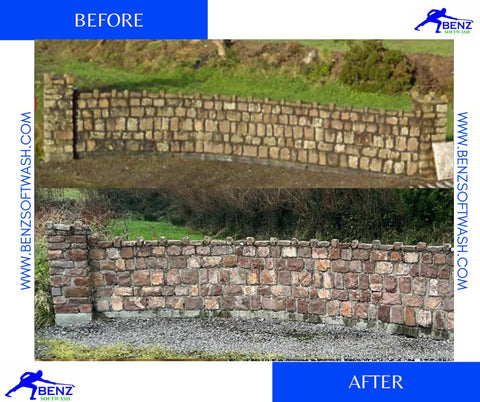 example of longterm use of www.benzsoftwash.com products on stone wall
