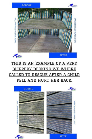 before and after of slippery decking rescues by www.benzsoftwash.com
