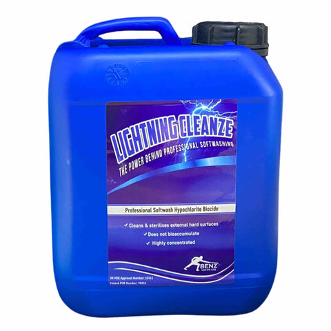 Lightning Cleanze sodium hypochlorite softwash biocide for cleaning external hard surfaces