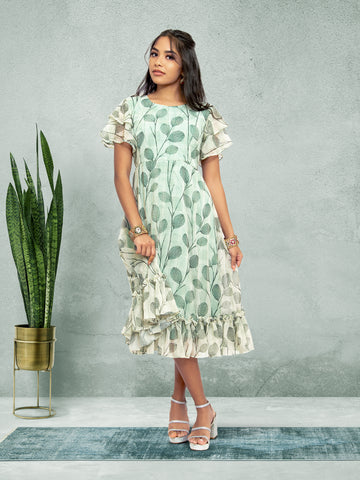 Green & White Color Printed Dress - Everyday Elegance 