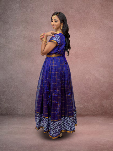 Purple Checker Silk Indian Dress with Gold Border-2