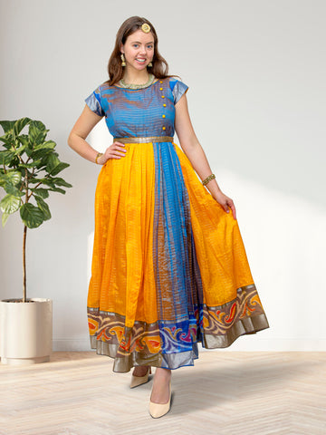 Yellow and Blue Silk Indian Dress with Gold Border