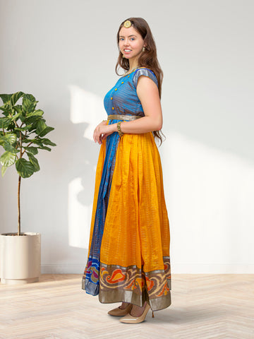 Yellow and Blue Silk Indian Dress with Gold Border-21