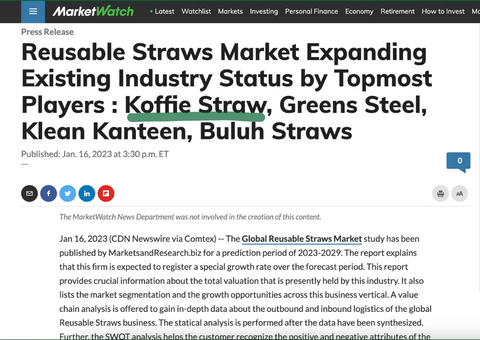KoffieStraw is listed as top leader in reusable straws by Market Watch