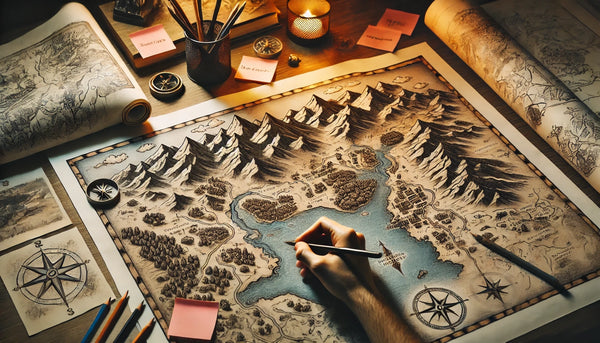 Un escritor crea un mapa de fantasía con bocetos y notas.